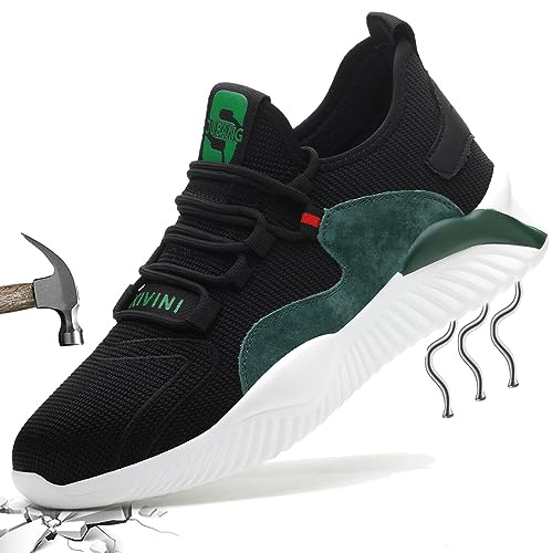 Scarpe da Lavoro Uomo Donna Estive Sneakers Antinfortunistiche 46 con Punta Acciaio Shoes di Sicurezza Kevlar Protettive Estive Nero Verde 797