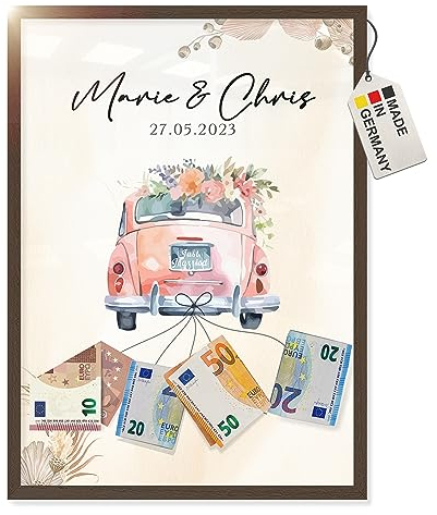 myDreamwork Personalisierte Geldgeschenke zur Hochzeit | Just Married Auto, Hochzeitsgeschenke Ideen | Auf Wunsch mit Holzrahmen - DIN A4, Einheitsgröße
