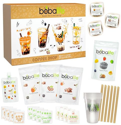 Bobalife Bubble Tea Kit - Coffee Shop Boba Tea Kit with Tapioca & Popping Boba Pearls - Vegan Gluten Free - Makes 12 Drinks - Gift