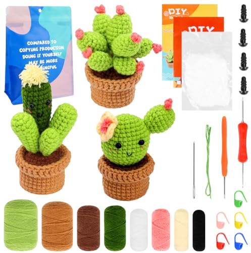 Encuryna 3 Stück Häkelset für Anfänger, Kaktus Häkel Starterset, DIY Handwerkskunst mit Häkelnadeln, Garn, Polyesterfaserfüllung, Handnähnadel, Maschenmarkierern und Anleitung, Häkelset für Anfänger