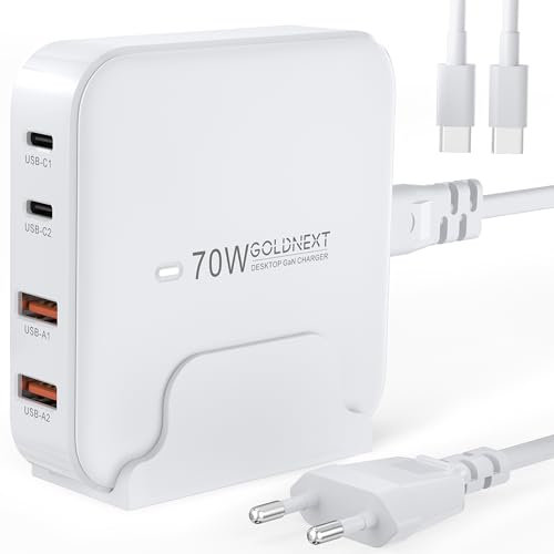 USB C Multi Charger GOLDNEXT 70W Plug GaN Fast Desktop Charger 4-Port Laptop Charging Station Compatible with MacBook Air/Pro, Dell XPS 13, iPhone 16/15/14, iPad, Galaxy S24/S23, Pixel 9, Steam Dec
