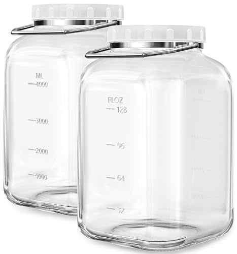 2 Pack 1.5 Gallon Glass Jar with Lid Wide Mouth, Large Mason Jar with Airtight Screw Lid and Handle, Clear Glass Storage Containers with 2 Scale Mark for Flour, Cookie, Candy, Kombucha and Fermention