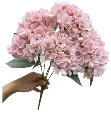 Hortensias Artificiales Flores artificiales de gran tamaño de 5 cabezas, hortensias blancas y rosas, de seda, for boda, ramo de novia, flores falsas, decoración for fiestas en el hogar(Morandi powder)