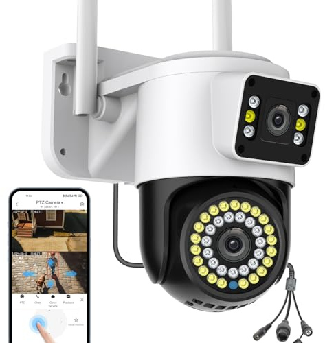 Kinnkall Telecamera WiFi per esterni con doppia lente per la sicurezza domestica, telecamera di sorveglianza wireless 2.4G, Motion Tracking, visione a 360°, audio a 2 vie, SD/Cloud,