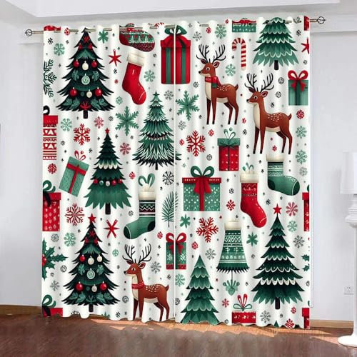 Generisch Gardinen Weihnachten Baum 2 Stück H 140Cm X B 60Cm,Vorhang Weihnachtsmann Elch Blickdicht Ösen 2Er Set,Verdunklungsvorhänge Lichtundurchlässig Kinderzimmer,Kinder Vorhang Verdunkelung,D23