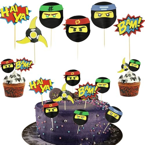 Ninjago Geburtstagsdeko 24 Stück Ninjago Tortendeko Für Cupcakes Muffins | Dicker Karton, Wiederverwendbar, 5.5x11cm Größe, Für Ninja Geburtstag