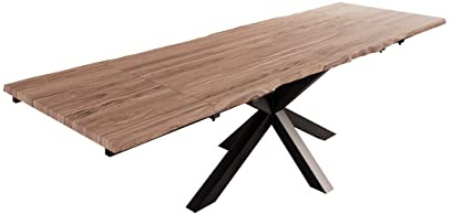 SAM Esstisch Janosh 160(260) x90 cm Akazie Stone Baumkante Spider schwarz | Baumkantentisch massiv, Akazienholz stonefarben, ausziehbar, inkl. 2 Ansteckplatten , Metallgestell