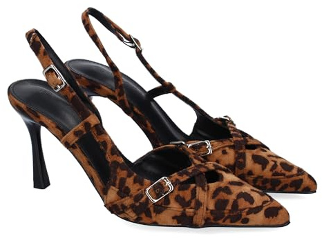Scarpe da donna con tacco in stile salone, comode ed eleganti, punta sottile, dettagli a strisce incrociate con fibbia sulla pala e chiusura con fibbia regolabile., Leopardato, 39 EU