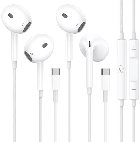 2 Packs Casque USB C pour iPhone 16 15 Écouteurs HiFi Stéréo avec Microphone et Contrôle du Volume Casque type C pour Galaxy S23/S22/S21/S20/Ultra Note 10/20, pour iPad Pro Pixel 7/6/6a/5/4 OnePlus 9