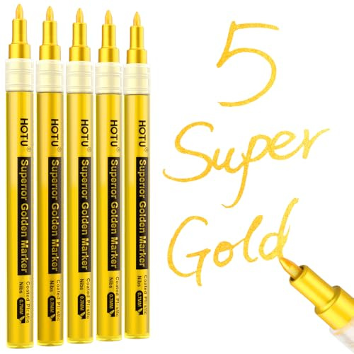 HOTU Gold Acrylstifte, 5 Supergoldene Metallic Effect Acrylstifte auf Wasserbasis extra fein 0,7 mm, goldene Acrylmarkierungen für Keramik, Holz, Leinwand, Textilien ect