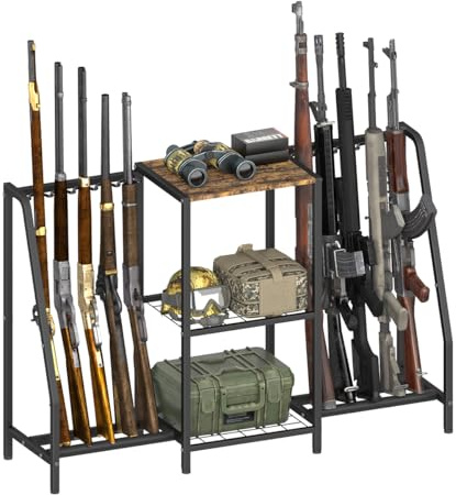 Mondazie Double-Side Gun Rack Stand, Vertical Rifle Display Holder with Gun Storage Solutions Shelf, Floor Shotgun Organizer Racks with Padding for Home Garage, Hold up to 10 Long Guns, Black