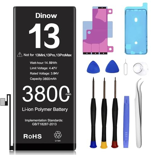 Dinow Batterie pour iPhone 13, 3800mAh Batterie de Remplacement Polymère Li-ION Haute Capacité Compatible avec iPhone 13(A2633, A2482,A2631,A2634,A2635) avec Kit d'Outils de Remplacement
