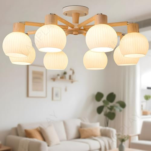 LAMPLAY Moderner Japanischer Kronleuchter Aus Holz, Ø82cm, Weißer Runder Lampenschirm, Pendelleuchte, 8 Lampenarme Aus Holz + 180°Verstellbare Leuchtenköpfe, Wohnzimmer(E27-Glühbirnen NICHT Enthalten)