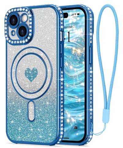 LAPOPNUT Magnetic Glitter Case for iPhone 14 with Wrist Strap,Blue
