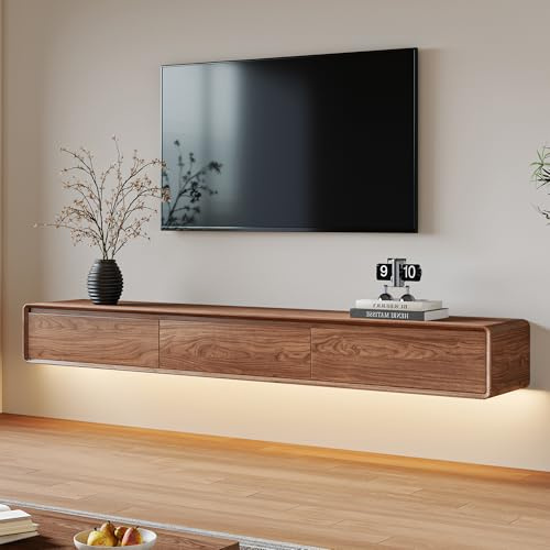 OLEYLUCKIDEA Lowboard hängend in Walnussoptik - Mid-Century Design TV-Schrank, vielseitige TV lowboard mit 3 Schubladen für 65-75-85 Zoll Fernseher im Wohnzimmer (200 cm)