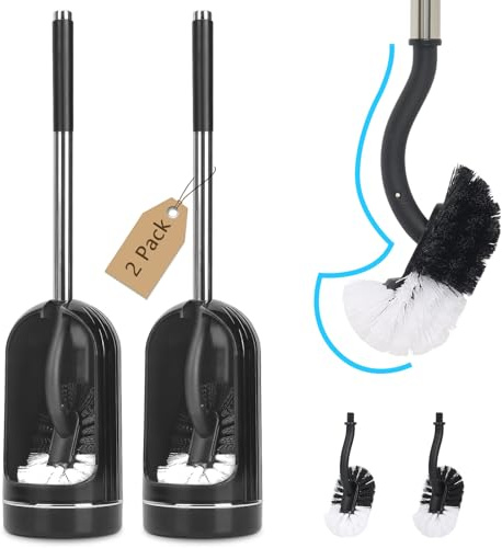 Toilettenbürste, Toilettenbürsten mit Halterungen, Gebogene Toilettenbürste mit Kantenreiniger, Edelstahl & Kunststoffgriff, Klobürste Ersatzköpfe, Badezimmer Reinigungsbürste (2, Schwarz) | Edelstahl & Kunststoffgriff, Randreiniger, Austauschbare Bürstenköpfe, Platzsparend, Badezimmer Reinigung, 2er Set