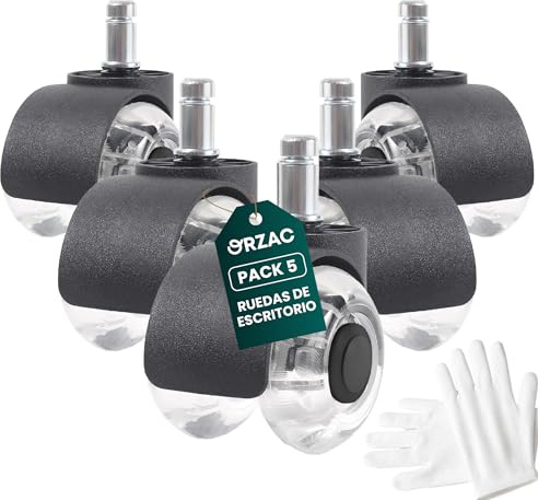 ORZAC | Ruedas Dobles Goma para Silla Oficina y Gaming | Vástago 10/22 mm | Set 5 Unidades con 2 Guantes | Silenciosas sin Rayar Parquet ni Baldosas Recambios para Markus y Flintan 1KEA