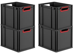 PROREGAL SuperSparSet 4x Eurobox NextGen Color | HxBxT 32x30x40cm | 30 Liter | Griffe rot offen | Schwarz | Eurobehälter, Transportbox, Transportbehälter, Stapelbehälter