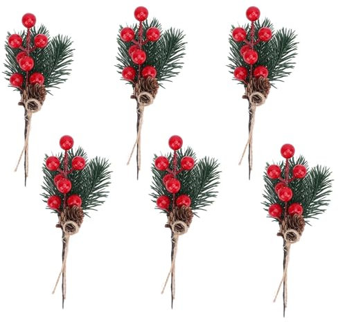 Tomotato Rami di Pino Artificiali con Bacche Rosse e Pigne Decorativi, 6PCS Foglie Verdi, Plastica e Filo di Ferro Flessibile per Decorazioni Casa Giardino Matrimonio Esterno