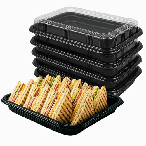 CaterCo Sandwich Platter Trays with Lids (10 Pack) – 33.5cm x 24cm x 7cm Black Plastic Buffet Serving Platters for Party Food, Reusable Catering Trays with Clear Lids for Events, Sushi & Takeaway