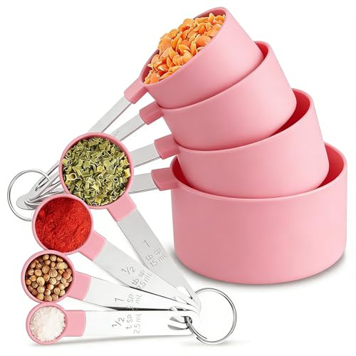 DDUP 8 Pcs Measuring Cups and Spoons Set,Stackable Stainless Steel Handle Accurate Tablespoon for Measuring Dry and Liquid Ingredients,Small Teaspoon with Plastic Head for Cooking Kitchen (Pink)