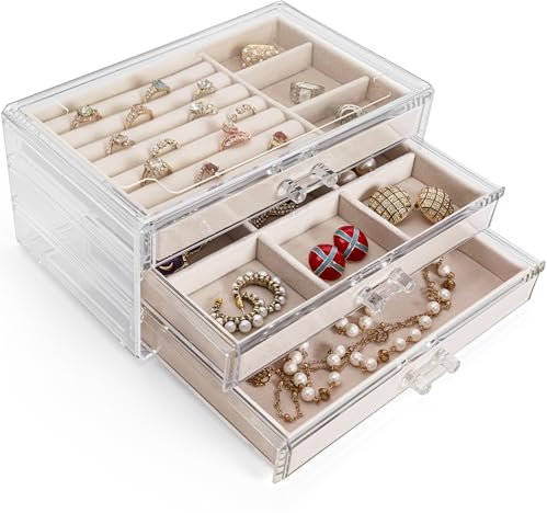 Acryl Schmuckschatulle mit 3 Schubladen, Schmuckbox Samt Organizer Beige | Schmuckbox für Ringe, Ohrringe, Uhr, Armbänder und Halskette