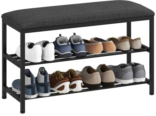 HOMCOM Schuhbank mit Sitzfläche, mit Stauraum, 81 x 31 x 50 cm Schwarz | Schuhregal, 2 Offene Fächer, Sitzbank, Garderobenbank, Wohnzimmer, Flur