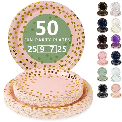 Nkaiso 50 Stück Rosa und Gold Einweg Pappteller | Partygeschirr Set Mit 23cm Party Teller, 18cm Dessertteller, Elegantes Einweggeschirr für Jubiläums, Hochzeiten, Geburtstag