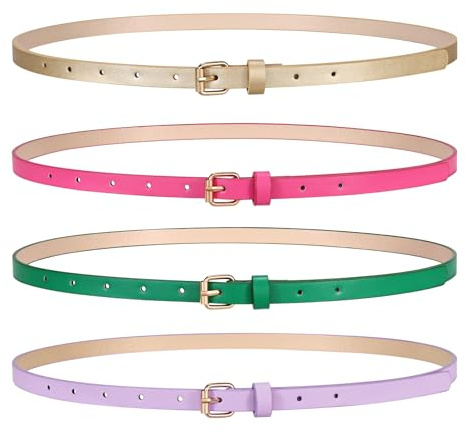 LEACOOLKEY 4 Stück Skinny Damen Ledergürtel für Kleider Dünner Taillengürtel für Jeans Hosen mit Goldschnalle