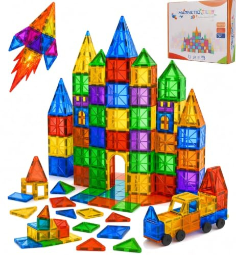 Magnetic Tiles for Kids, Magnetic Blocks Toys Set 100PCS with 2 Cars, Building & Construction Toys for Creative STEM Learning, Gift for Boys & Girls Ages 3-14
