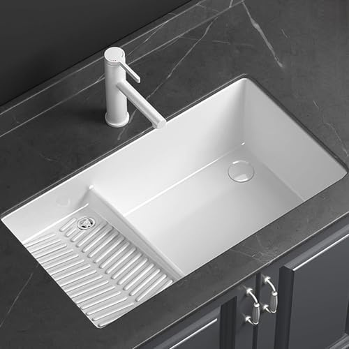Lavatoio da Incasso per Lavanderia Lavello Bagno in Ceramica con Asse da Bucato Rettangolari con Rubinetto in Rame Raffinato Fori di Troppo Pieno e Scarico(735x420x210mm/29x16.5x8.3in)