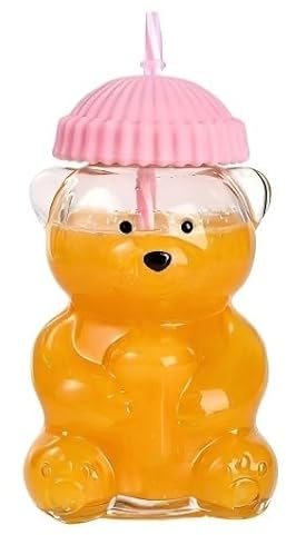 QAQCDAHJI Bärenbecher aus Glas, Bärenbecher mit Strohhalm und Deckel, 590 ml, Bärenglas, glatter Rand for Kaffee, Tee, Milch, Saft, Büro, Café(Pink)