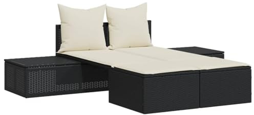WGYHOME Dubbel solstol, svart PE-rotting 104 x 162 cm med tvättbar krämvit kudde, UV-resistent – för trädgård, terrass och balkong