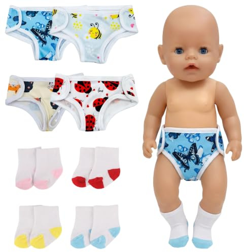 4 pañales para muñecas, 4 pares de calcetines para muñecas de 14 a 18 pulgadas, accesorios para muñecas con motivos de animales, reutilizables, ropa interior para muñecas de 30-43 cm, regalos para