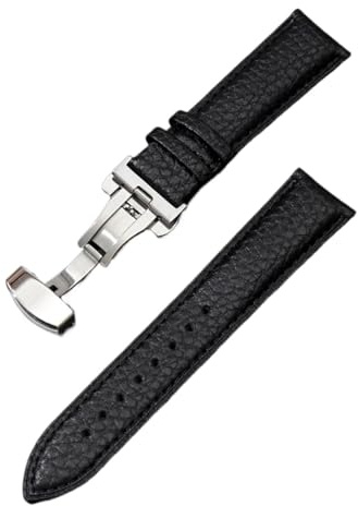 yingyingjia Kalvskinnsarmband Litchi Grain-rem Klocktillbehör 18/20/22/24 mm Armband i äkta läder med fjärilsspänne(Black,18mm)