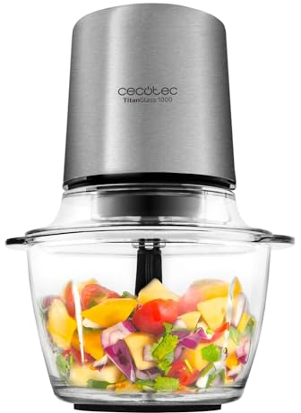 Cecotec 3043 Picadora Eléctrica TitanGlass 1000. Multifuncion (Pica, Tritura, Pulveriza, Trocea), Cuchillas Recubrimiento Titanio Desmontables, Capacidad 1l, Vidrio Resistente, 400 W