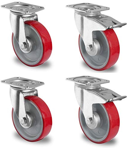 CASCOO SETSBTB100N2U6R1W Rollensatz 2 Lenkrollen-, 2 mit Feststeller, Polyamid, Polyurethan, Durchmesser 100 mm, Rollenlager,Transportrollen, Traglast 450 kg (4-er Pack)