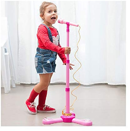 OISE ART STORE Trade Shop - Microfono con Asta in Plastica Rosa con Luci E Suoni Ingresso Mp3 Smartphone