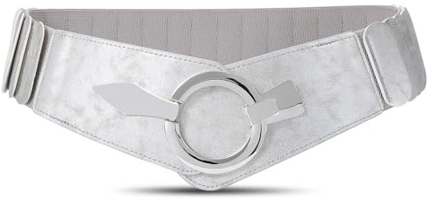 JasGood Damen Breiter Elastischer Taillengürtel, Mode Vintage Hüftgürtel mit Silberner Ring-Schließe, Silber, XL