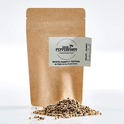 Uncle´s Pepperfarm vit kampotpeppar – soltorkade hela vita pepparkorn från Kambodja – 70 g