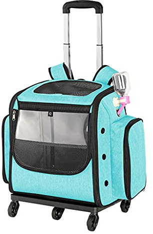 KHUY Sac a Dos pour Chien, Chariot pour Chien 5 Roues Voyage Sac à Dos à roulettes, Sac a Dos Transport pour Chien avec Pliable Bowl, boîte de litière de Chat et Abreuvoir (Color : Sky Blue)