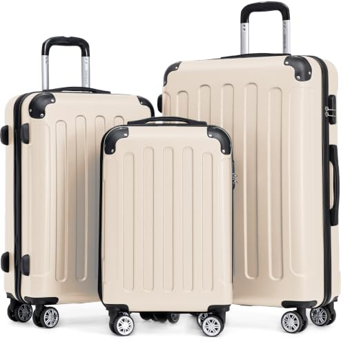 BEIBYE Kofferset 3-teilig – Kabinenkoffer, Reisekoffer und XL-Koffer aus ABS mit Doppelrollen und Zahlenschloss, Creme White