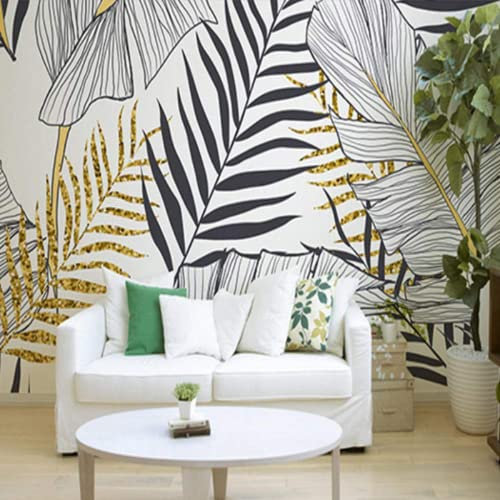 NEWWALLMURAL Papier Peint 3D Intissé Feuilles D'Or Noir Et Blanc Nordique Simple Papier Peint Panoramique 3D Moderne Décoration Murale