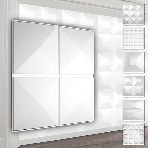HEXIM 3D Wandpaneele, PVC Kunststoff weiß - Pyramiden Design Paneele 50x50cm Wandverkleidung (5QM HD023) Wandverblender Verblendung
