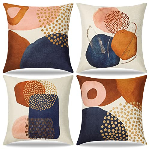 Dremisland Throw Pillow Covers 18x18 Set of 4 Mid Century Modern Decorative Pillowcases Navy Blue Burnt Orange Cushion Covers for Couch Sofa Bedroom Abstract Geometric Home Decor