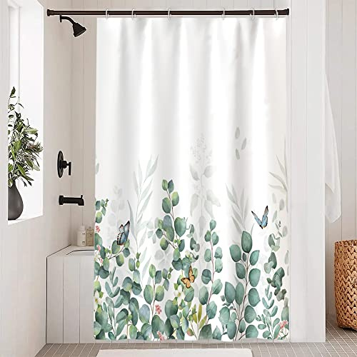 Uiiooazy Duschvorhang 120x200cm Anti Schimmel Grüne Eukalyptus Pflanzen | Duschvorhang Rosa Blumen Schmetterling Wasserdicht Stoff Polyester Waschbar Bad Vorhang mit 8 Haken für Badezimmer