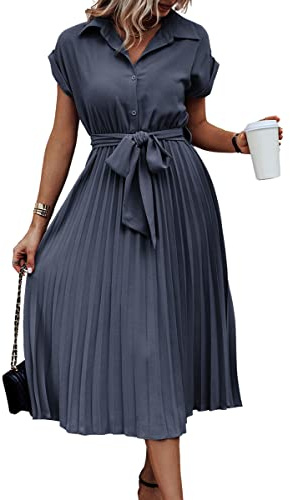 ASOMI Sommerkleid Damen Hemdkleid Kurzarm: Elegant Kurzarm Strandkleid Büro Wickelkleid Mode Tasche Hemdblusenkleid Lässig Blusenkleid Midikleid Knopf Plisseekleid V-Ausschnitt Gürtel B-Graublau S