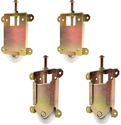 Lot de 4 rouleaux de porte de miroir coulissante pour porte de miroir - Pièce #W8020C - Roues concaves en nylon de 3,8 cm - Centres de trous de 6,3 cm - Réglable en haut - Plaqué zinc jaune
