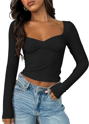 ForeFair Women's Sexy Long Sleeve Going Out Tops Pleated Bustier Shirt Cute Sweetheart Neck Y2K Cropped Top (Black-01,S)