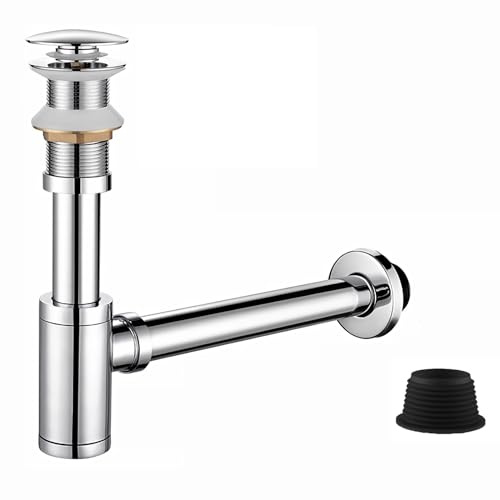 Waschbecken Sifon Siphon Ablaufgarnitur Pop Up Ablaufventil Abfluss Überlauf Siphon Universal für Waschbecken & Waschtisch - Abflussgarnitur passgenau (Ablaufgarnitur mit Silbrig Ohne Überlauf)